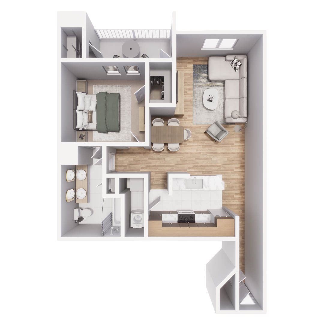 Rendering of the A5 floor plan with 1 bedroom[s] and 1 bathroom[s] at Mandarina