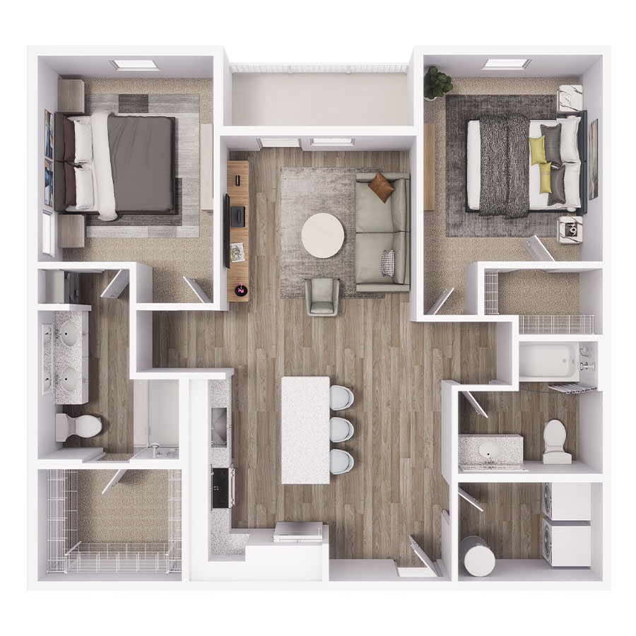 Rendering of the B1 floor plan with 2 bedroom[s] and 2 bathroom[s] at Avery Orlando