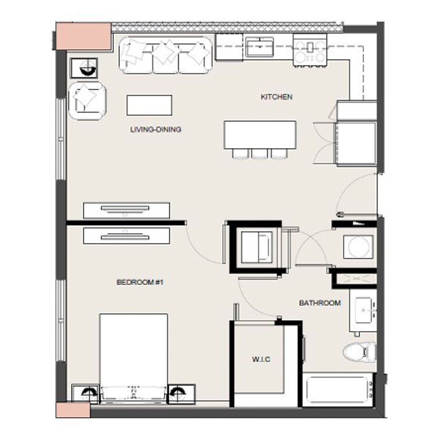 Rendering of the A11 floor plan with 1 bedroom[s] and 1 bathroom[s] at Arte Grand Central