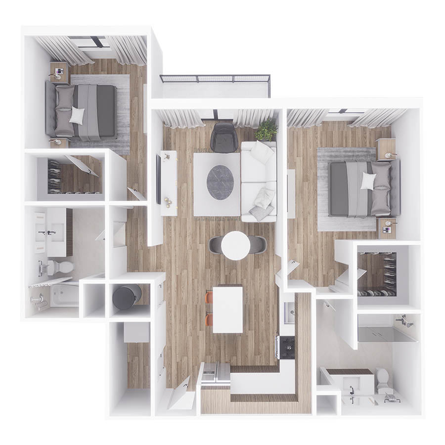 Rendering of the B4 floor plan with 2 bedroom[s] and 2 bathroom[s] at Sanctuary Doral