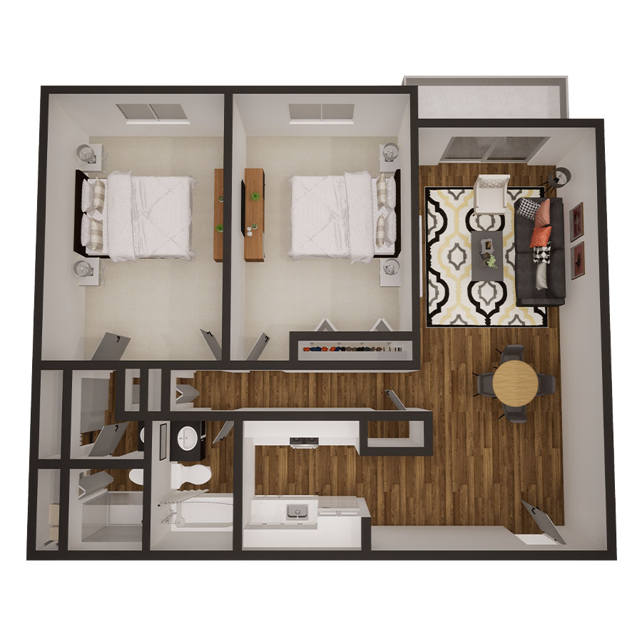 Rendering of the Cheyenne floor plan with 2 bedroom[s] and 2 bathroom[s] at Sky at Bear Creek
