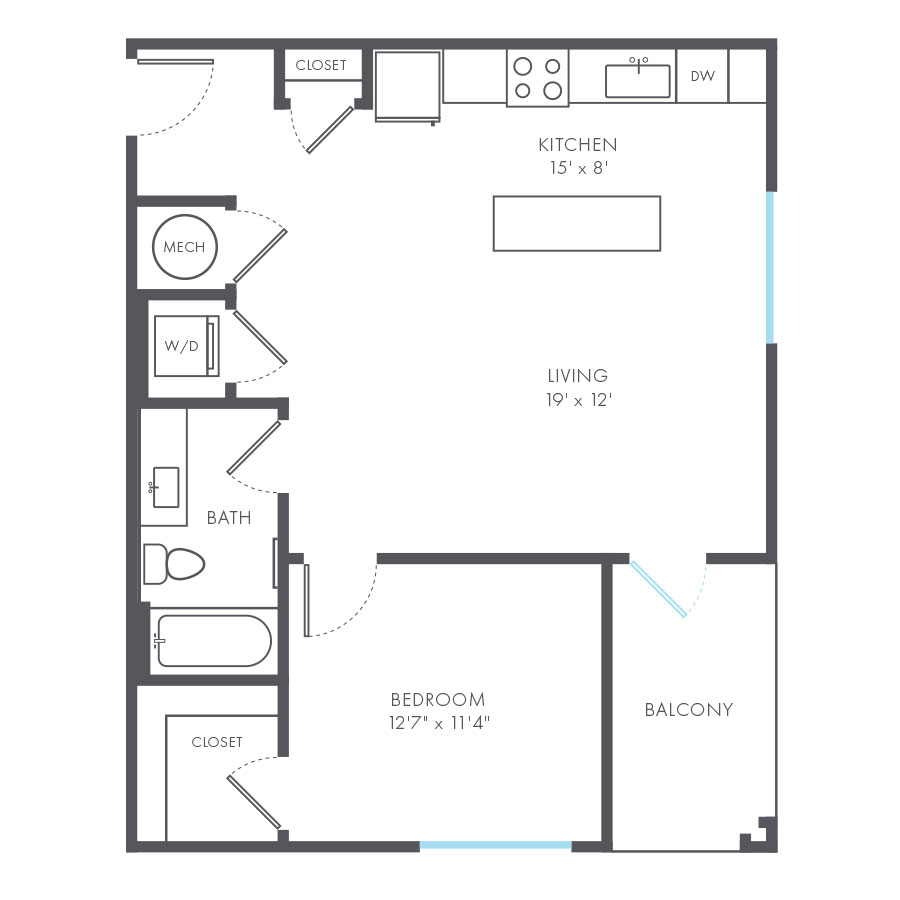 Rendering of the Palazzo floor plan with 1 bedroom[s] and 1 bathroom[s] at Arte Kansas City