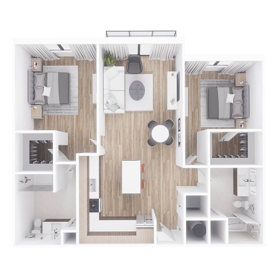 Rendering of the B3W floor plan with 2 bedroom[s] and 2 bathroom[s] at Sanctuary Doral