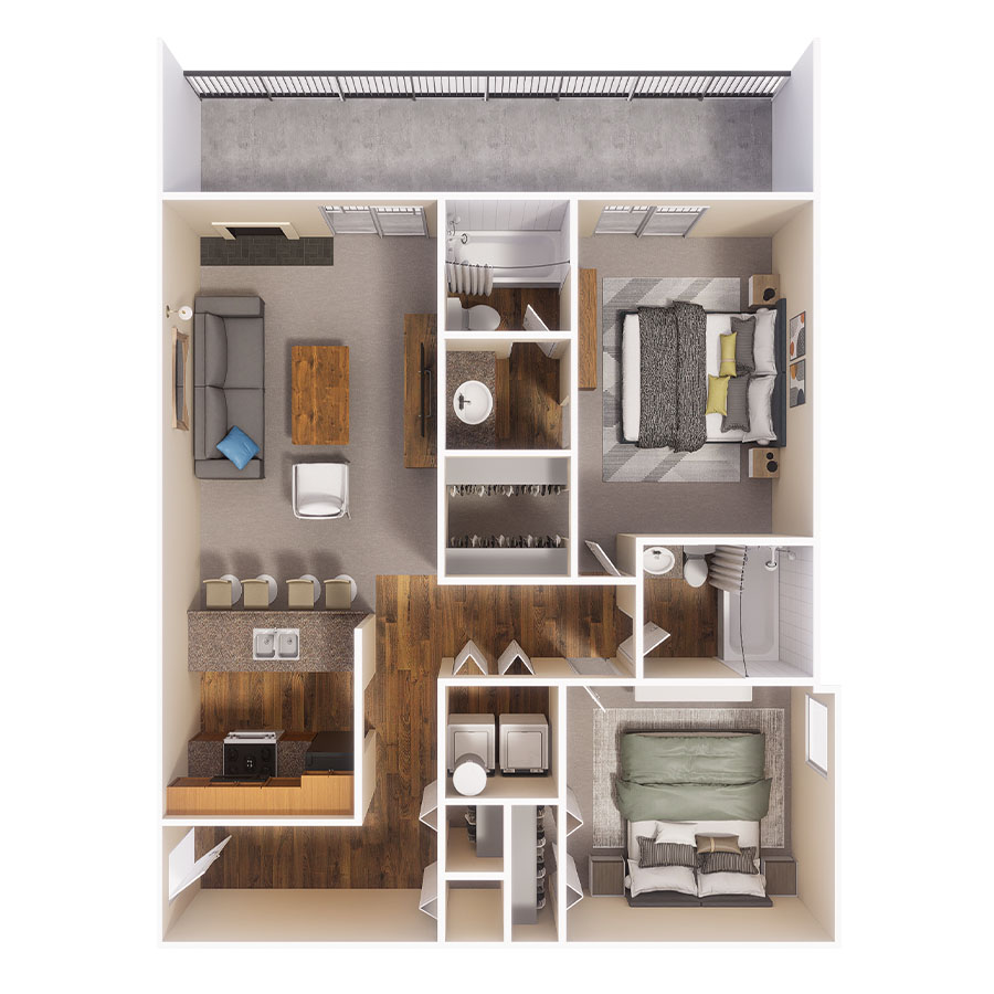 Rendering of the The Grant floor plan with 2 bedroom[s] and 2 bathroom[s] at Beacon House