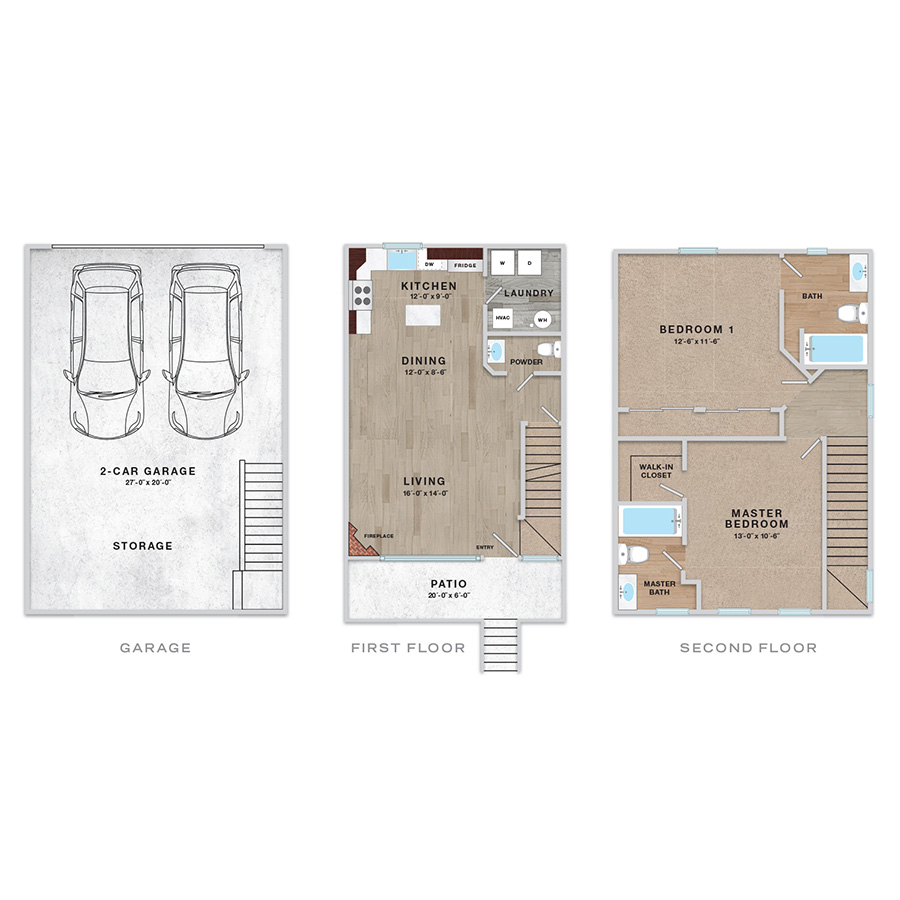 Rendering of the 2x2.5 - 1120 sqft - NB2 floor plan with 2 bedroom[s] and 2.5 bathroom[s] at Enclave Rigden Farm
