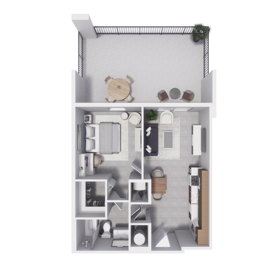 Rendering of the A3 floor plan with 1 bedroom[s] and 1 bathroom[s] at Arte Grand Central