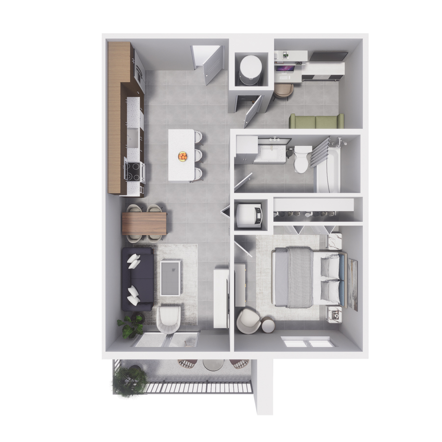 Rendering of the A14D floor plan with 1 bedroom[s] and 1 bathroom[s] at Arte Grand Central
