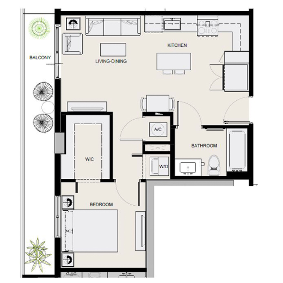 Rendering of the A8 floor plan with 1 bedroom[s] and 1 bathroom[s] at Arte Grand Central
