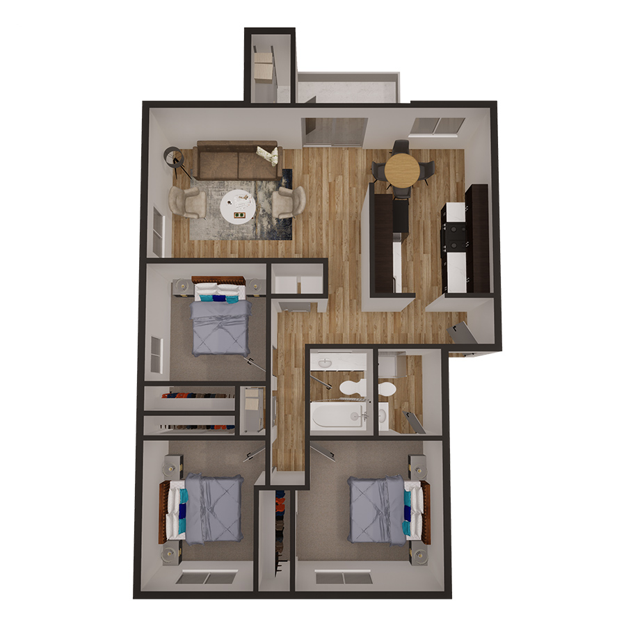 Rendering of the 3x2 1196 sqft - Renovated floor plan with 3 bedroom[s] and 2 bathroom[s] at Latitude