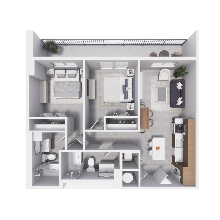 Rendering of the B1 floor plan with 2 bedroom[s] and 2 bathroom[s] at Arte Grand Central