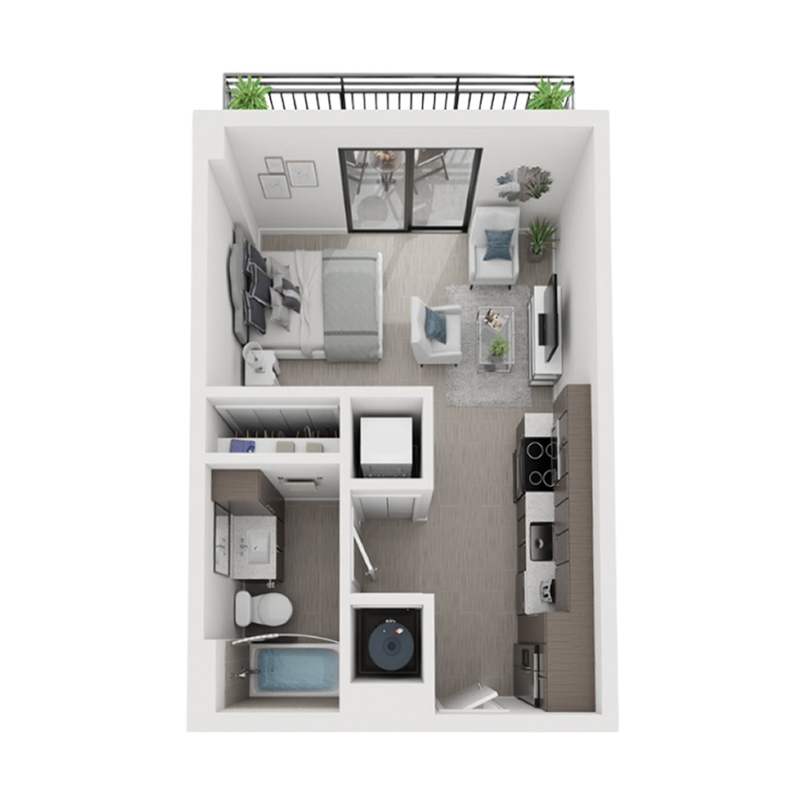 Rendering of the S1 floor plan with a Studio bedroom and 1 bathroom[s] at Arte Grand Central