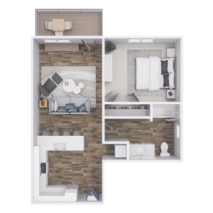 Rendering of the A1 floor plan with 1 bedroom[s] and 1 bathroom[s] at 532 CO