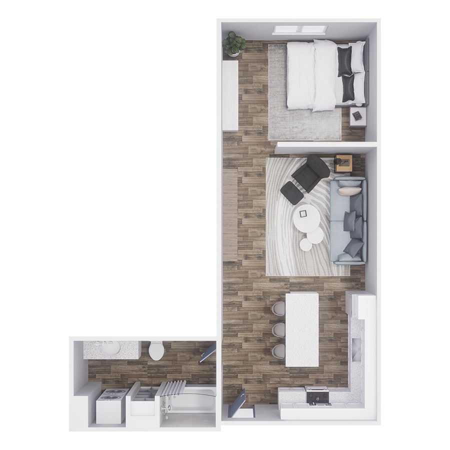 Rendering of the S2 floor plan with a Studio bedroom and 1 bathroom[s] at 532 CO