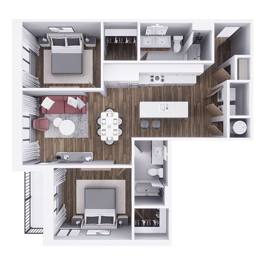 Rendering of the B4 floor plan with 2 bedroom[s] and 2 bathroom[s] at 29x