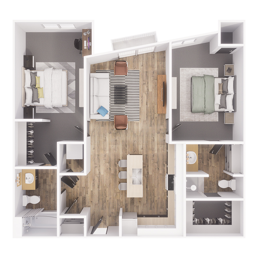 Rendering of the B4 floor plan with 2 bedroom[s] and 2 bathroom[s] at The Overland