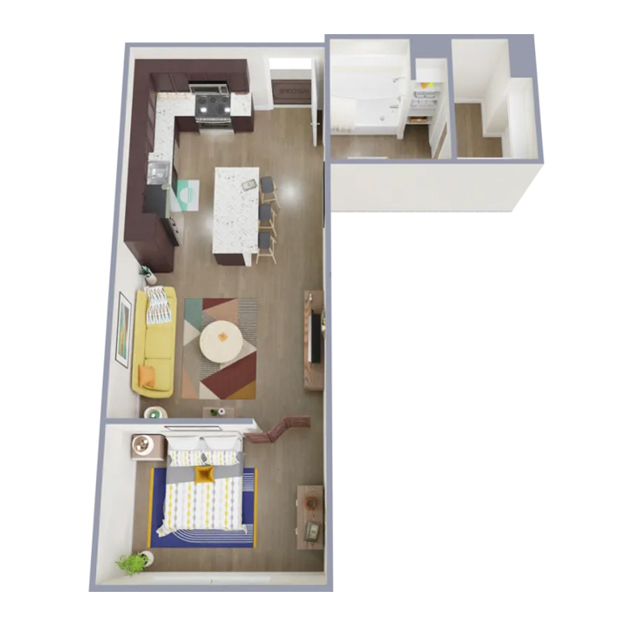 Rendering of the S2 floor plan with a Studio bedroom and 1 bathroom[s] at Marq at Monument Ridge