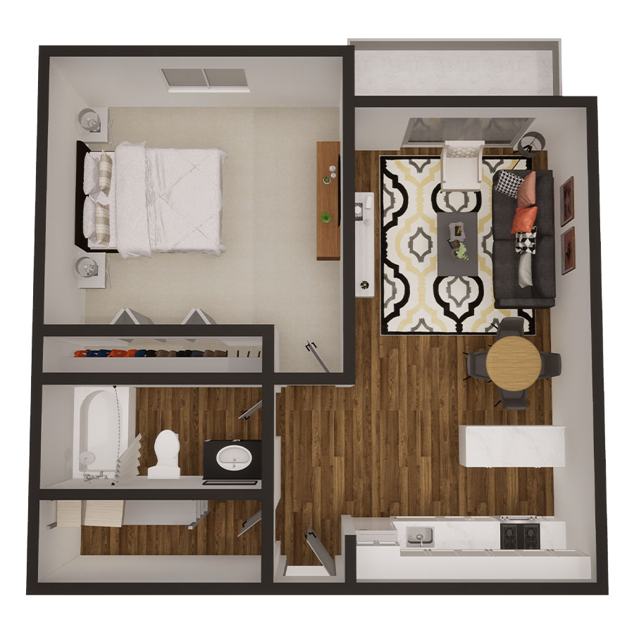Rendering of the Pikes Peak floor plan with 1 bedroom[s] and 1 bathroom[s] at Sky at Bear Creek