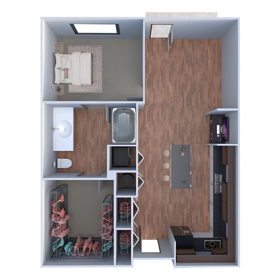 Rendering of the A Due floor plan with 1 bedroom[s] and 1 bathroom[s] at Forum Fitzsimons