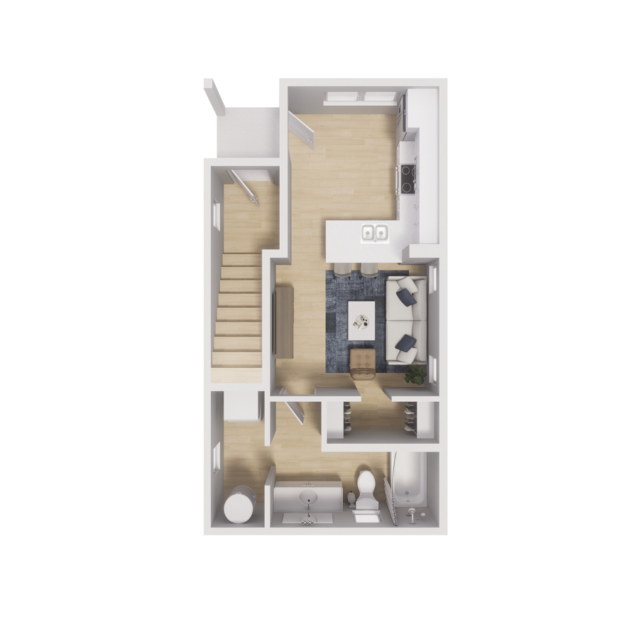 Rendering of the 0x1 - 454 sqft - S1 floor plan with a Studio bedroom and 1 bathroom[s] at Cottages at Rampart Park