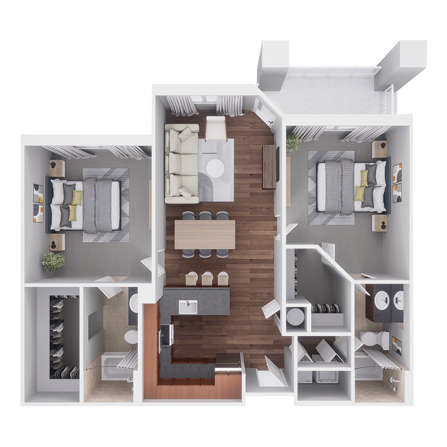 Rendering of the C3 floor plan with 2 bedroom[s] and 2 bathroom[s] at Highlands Lodge