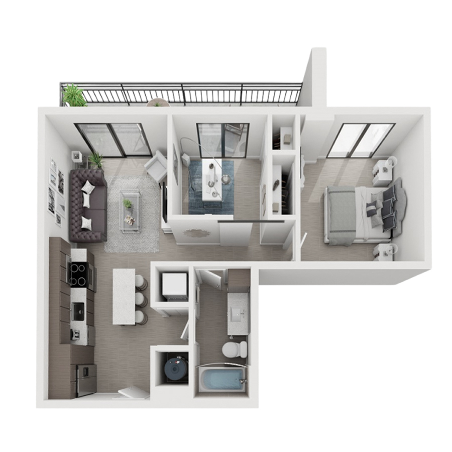 Rendering of the BA1 floor plan with 2 bedroom[s] and 1 bathroom[s] at Arte Grand Central