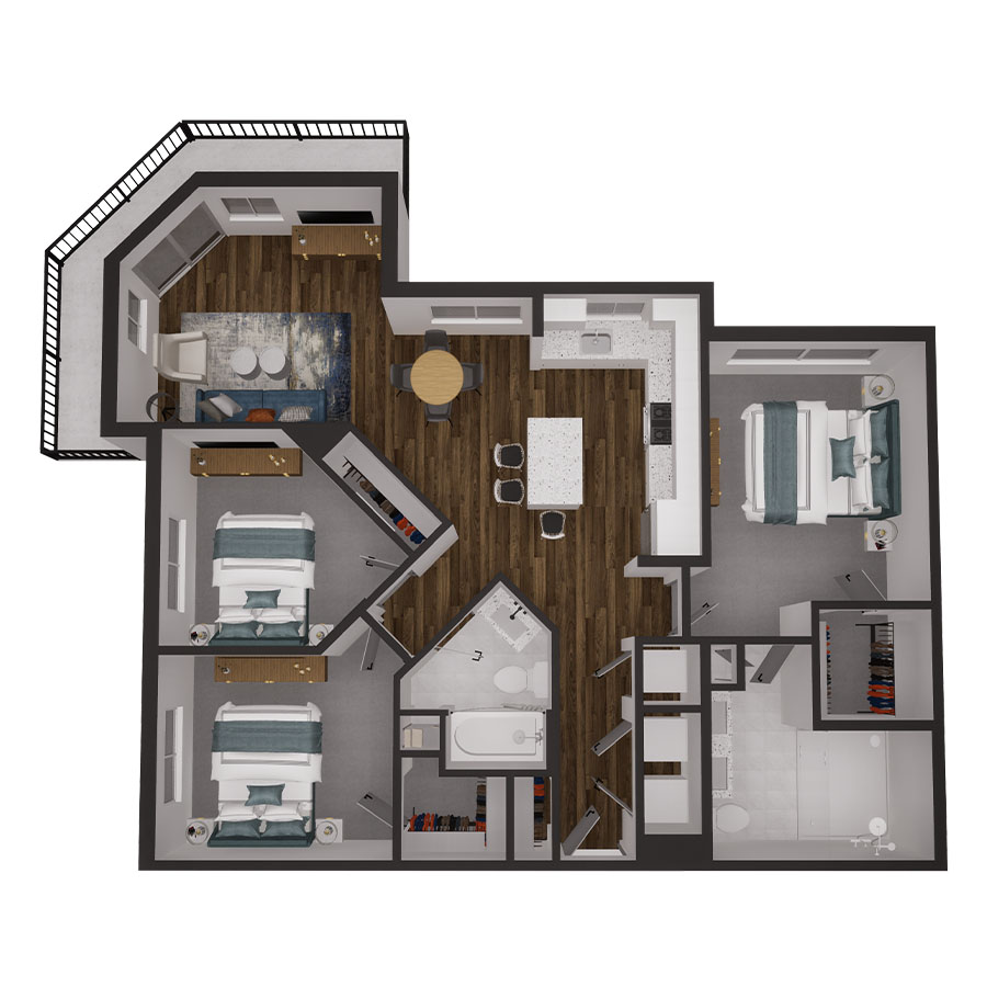 Rendering of the 3A floor plan with 3 bedroom[s] and 2 bathroom[s] at 500 Ocean