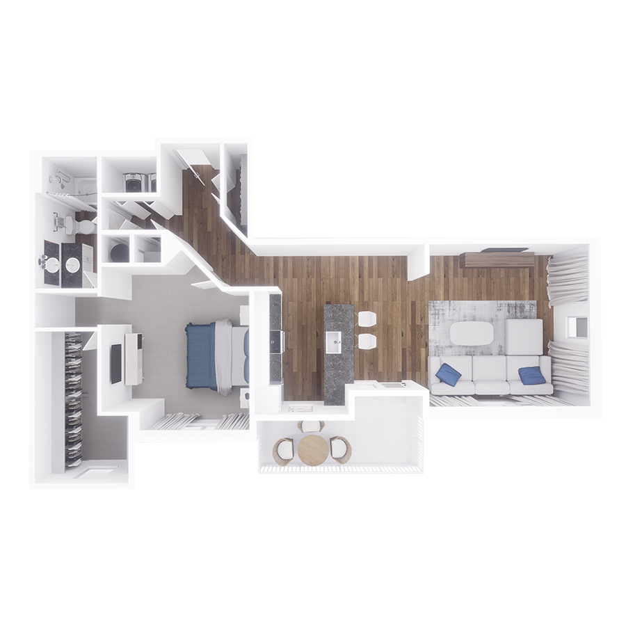 Rendering of the Aria floor plan with 1 bedroom[s] and 1 bathroom[s] at Village West