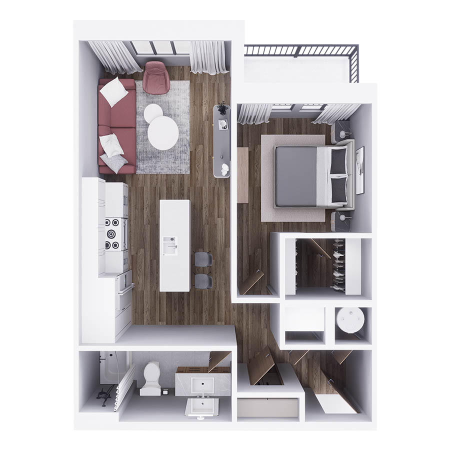 Rendering of the A5 floor plan with 1 bedroom[s] and 1 bathroom[s] at 29x
