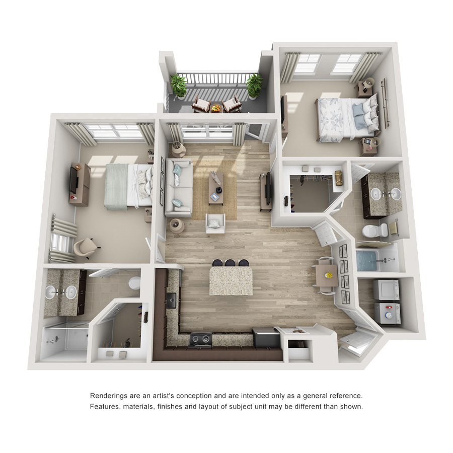 Rendering of the B1 floor plan with 2 bedroom[s] and 2 bathroom[s] at The Point at Bella Grove