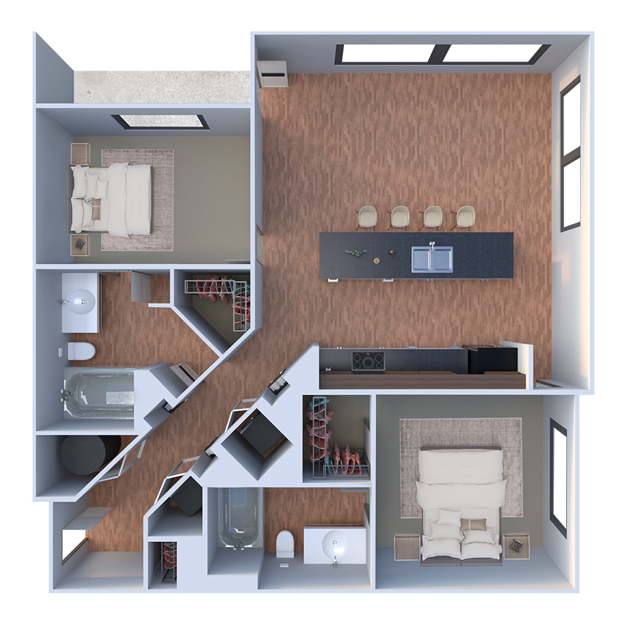 Rendering of the B Tre floor plan with 2 bedroom[s] and 2 bathroom[s] at Forum Fitzsimons