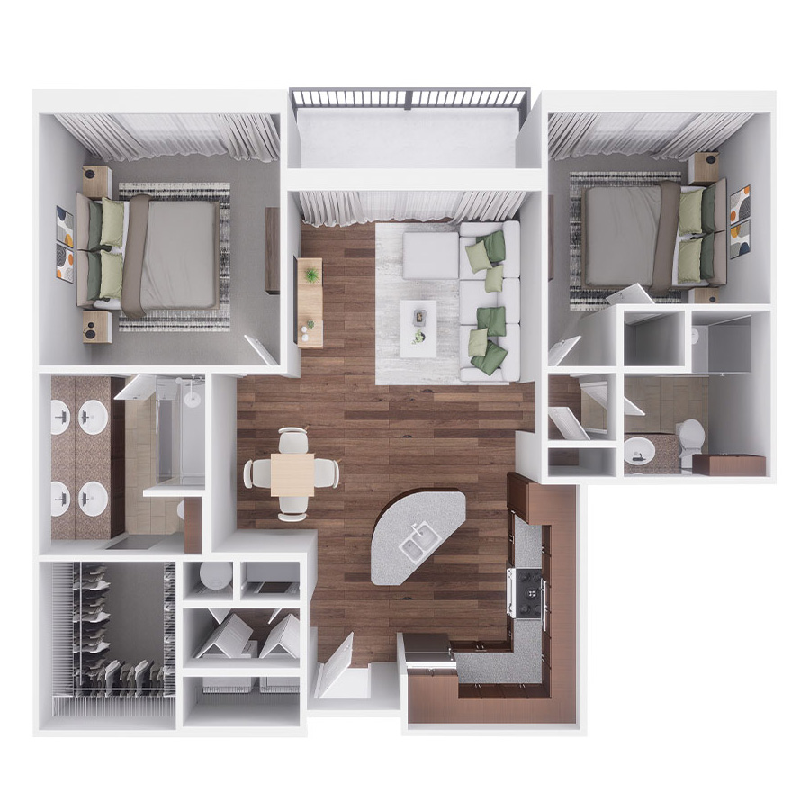 Rendering of the F floor plan with 2 bedroom[s] and 2 bathroom[s] at Village at Mission Farms