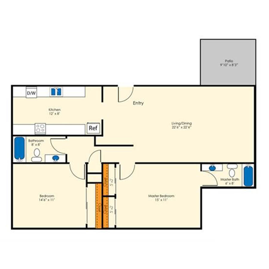 Rendering of the 2x2 1044 SF Partial floor plan with 2 bedroom[s] and 2 bathroom[s] at Aura at Midtown