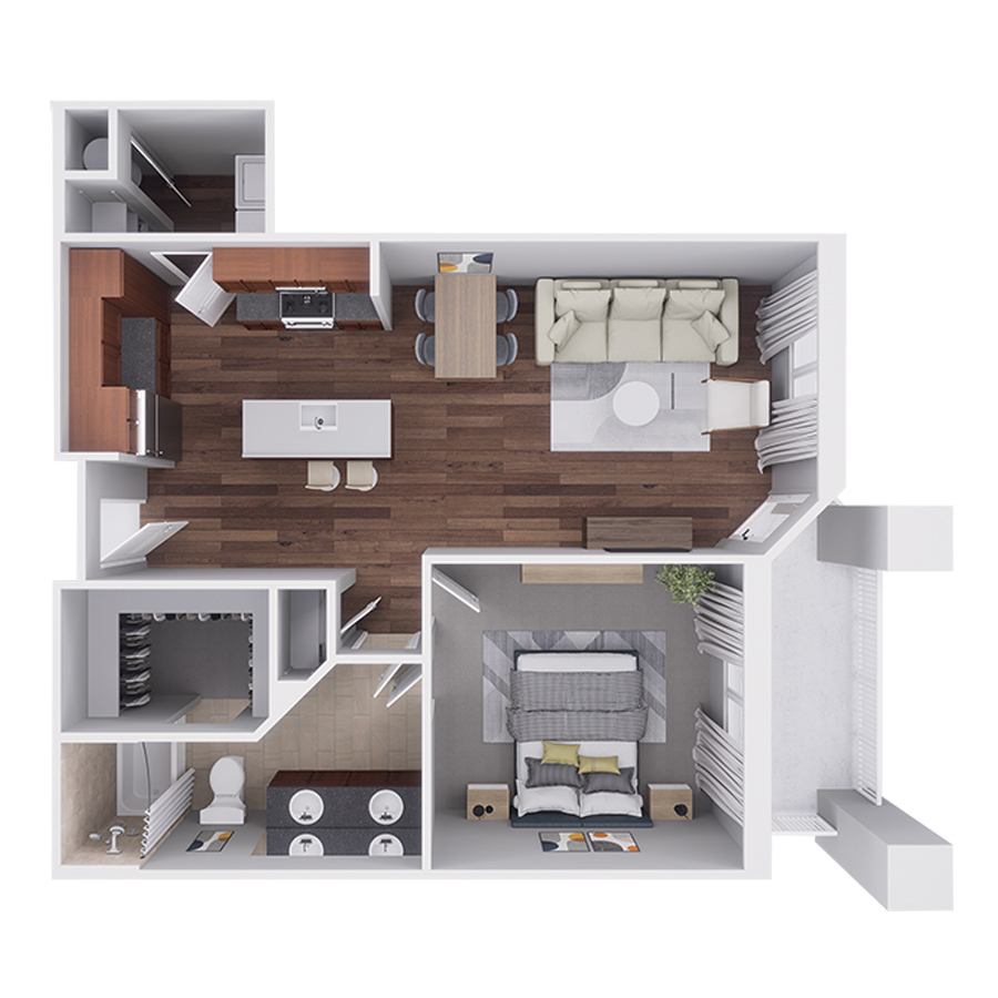 Rendering of the A4 floor plan with 1 bedroom[s] and 1 bathroom[s] at Highlands Lodge