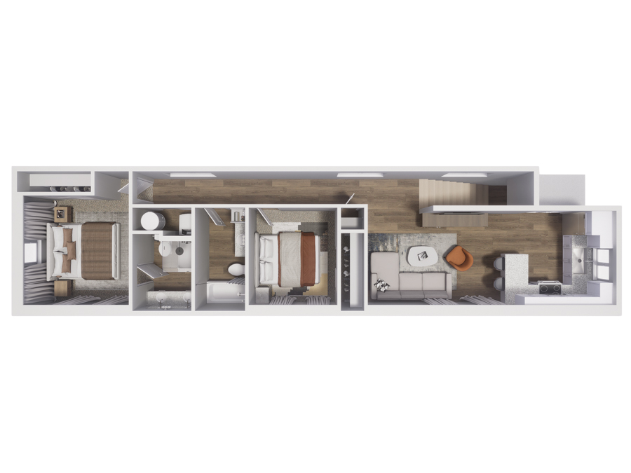 Rendering of the B3 floor plan with 2 bedroom[s] and 2 bathroom[s] at Cottages at Abbott Station