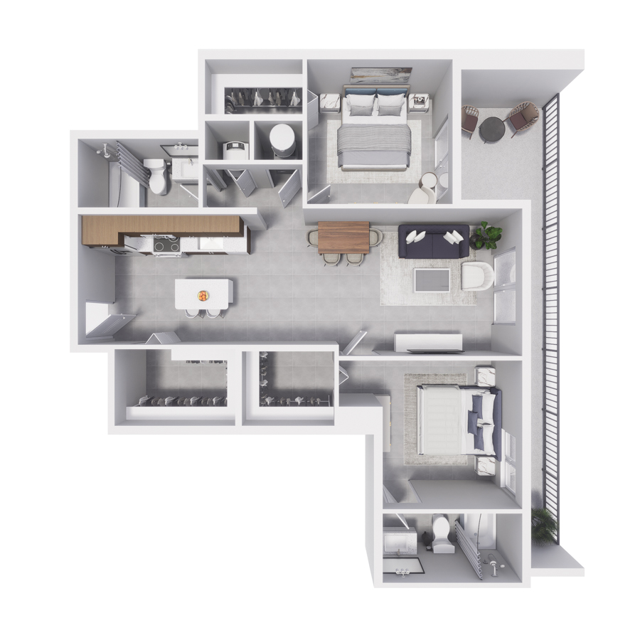Rendering of the B9 floor plan with 2 bedroom[s] and 2 bathroom[s] at Arte Grand Central