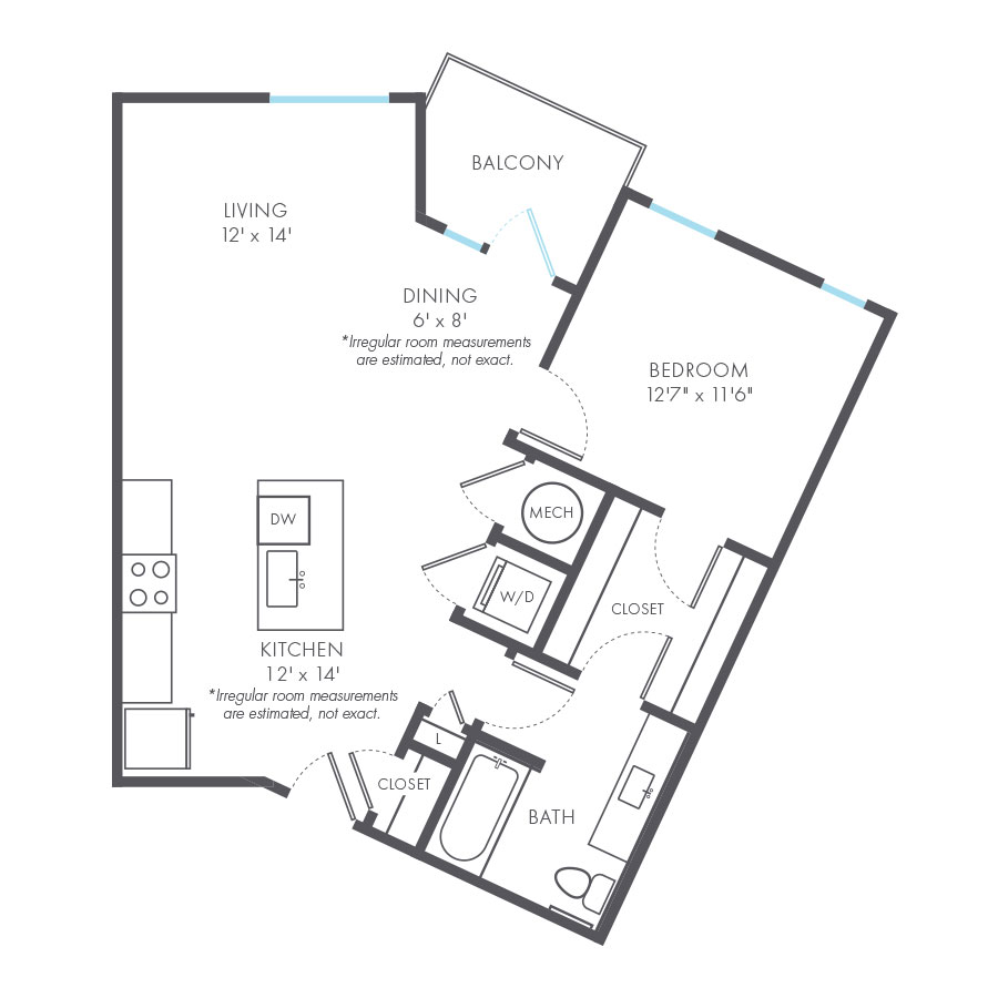Rendering of the Pinstripe floor plan with 1 bedroom[s] and 1 bathroom[s] at Arte Kansas City