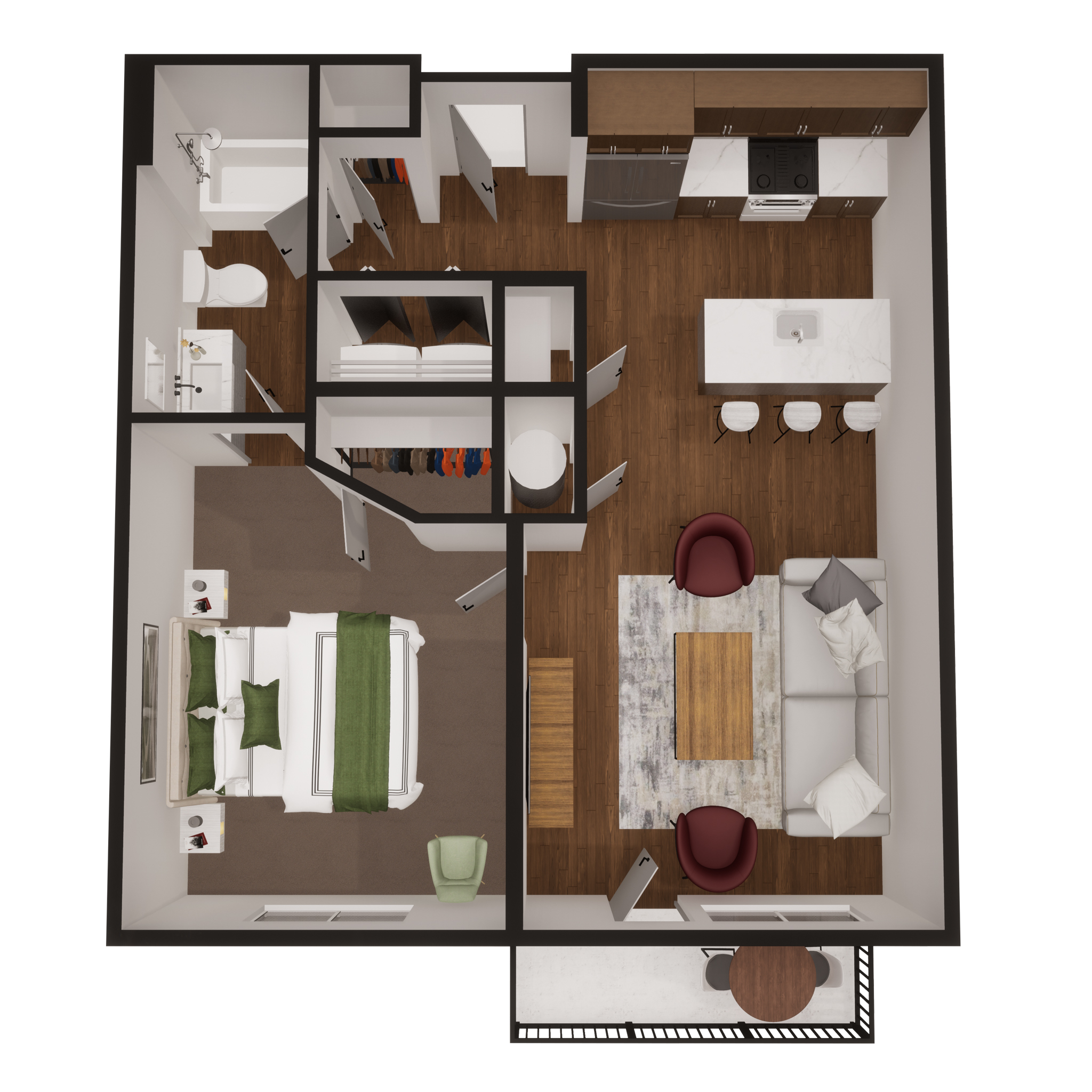 Rendering of the A1 floor plan with 1 bedroom[s] and 1 bathroom[s] at Summit Square