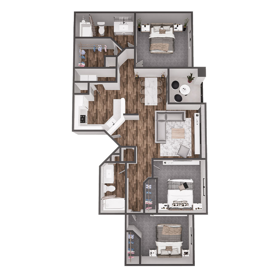 Rendering of the 3 Bed 2 Bath floor plan with 3 bedroom[s] and 2 bathroom[s] at The Villas at Mountain Vista Ranch