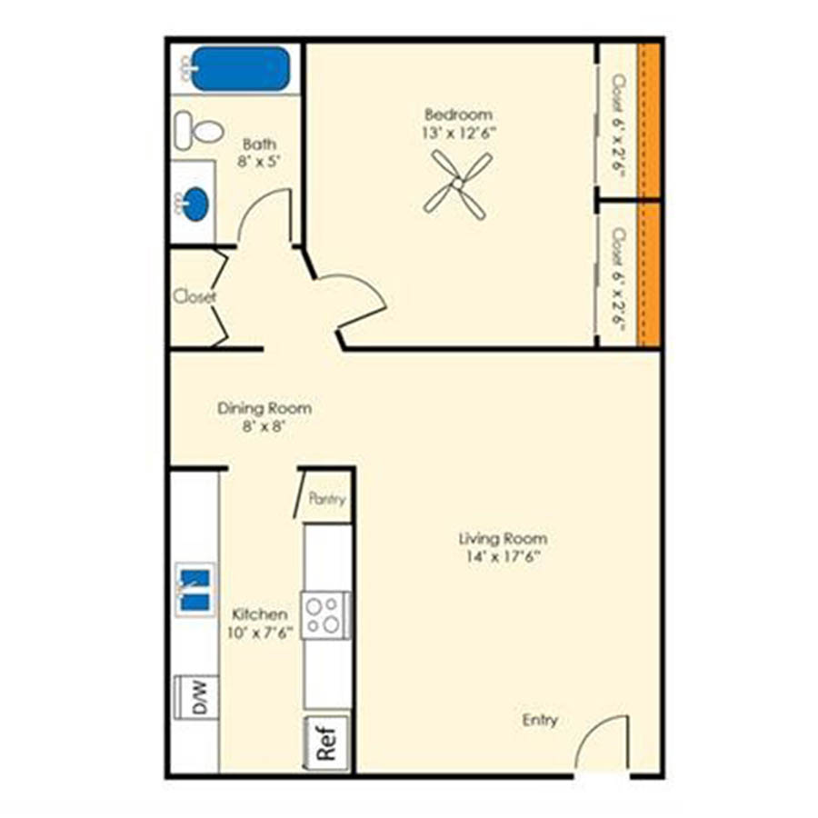 Rendering of the 1x1 780 SF Classic floor plan with 1 bedroom[s] and 1 bathroom[s] at Aura at Midtown