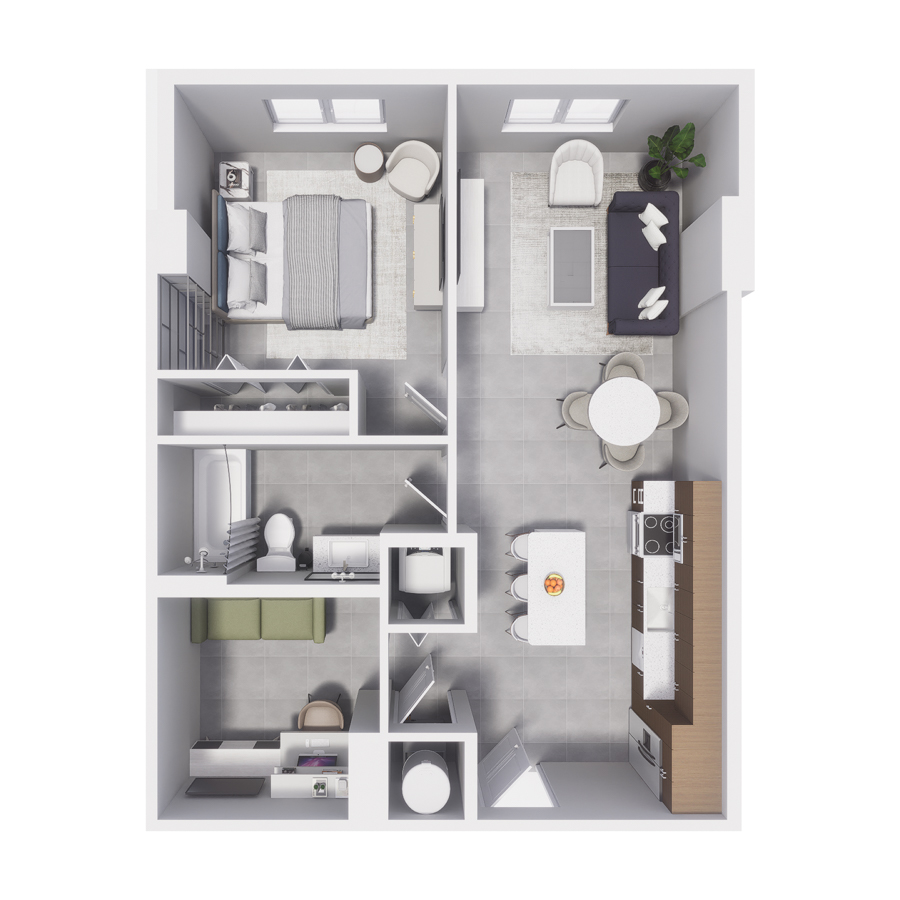 Rendering of the A15D floor plan with 1 bedroom[s] and 1 bathroom[s] at Arte Grand Central