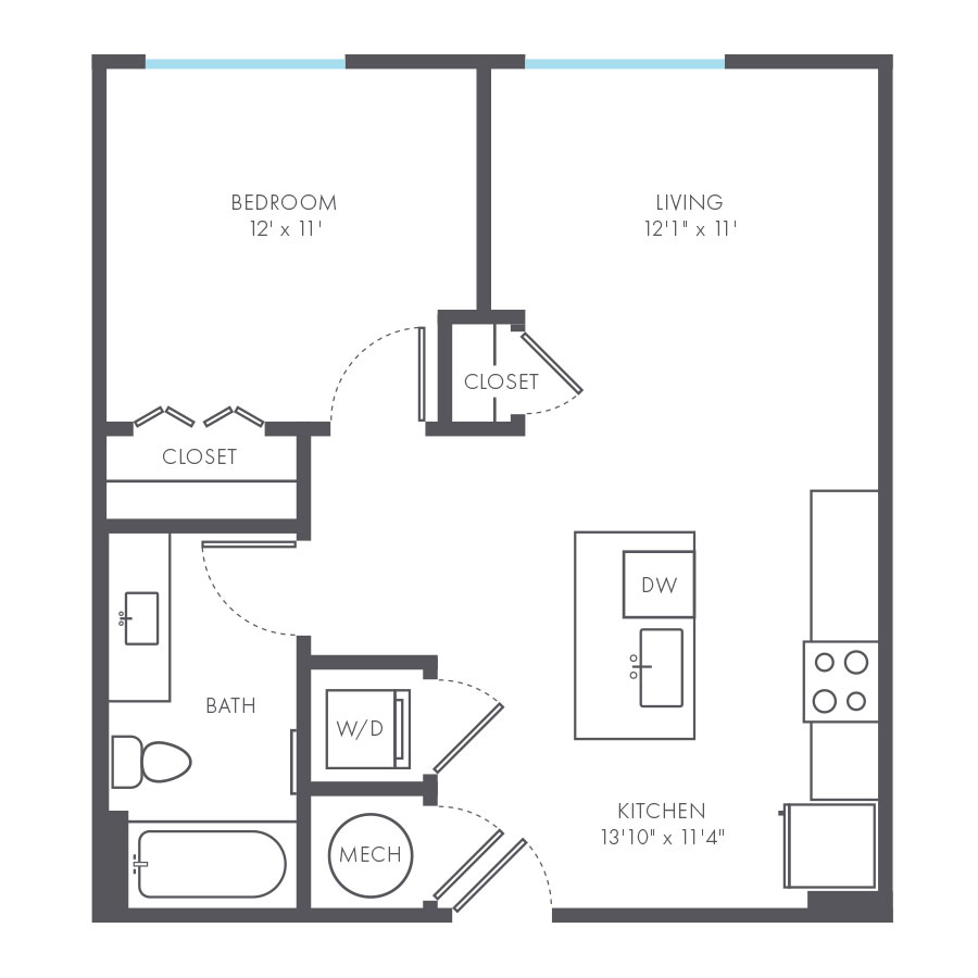 Rendering of the Mod floor plan with 1 bedroom[s] and 1 bathroom[s] at Arte Kansas City