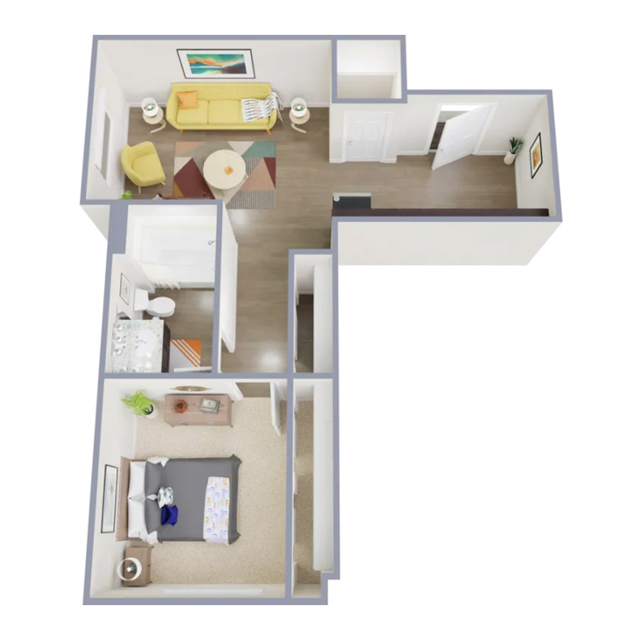 Rendering of the A1 floor plan with 1 bedroom[s] and 1 bathroom[s] at Marq at Monument Ridge