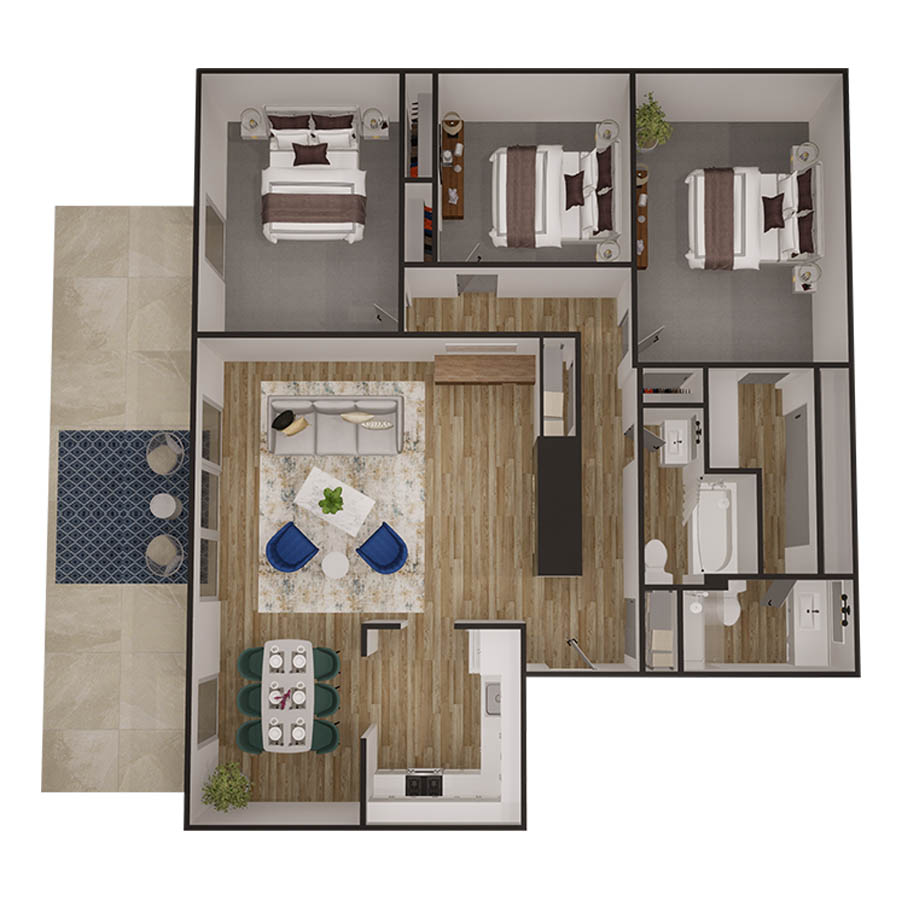 Rendering of the The Buena Vista floor plan with 3 bedroom[s] and 2 bathroom[s] at Kenilworth
