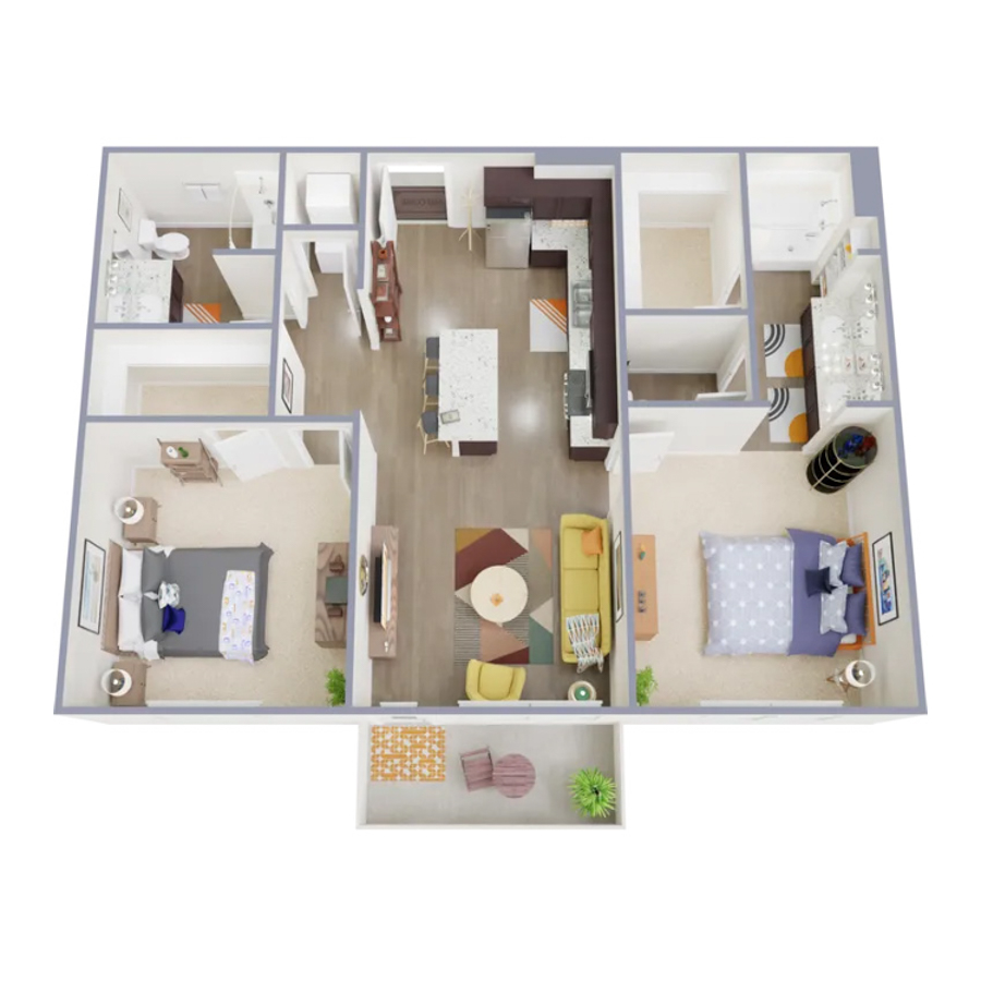 Rendering of the B3 floor plan with 2 bedroom[s] and 2 bathroom[s] at Marq at Monument Ridge