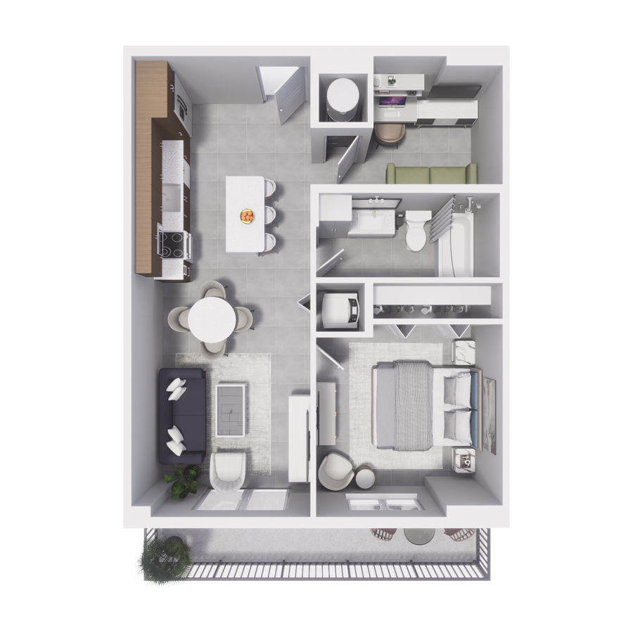 Rendering of the A16D floor plan with 1 bedroom[s] and 1 bathroom[s] at Arte Grand Central