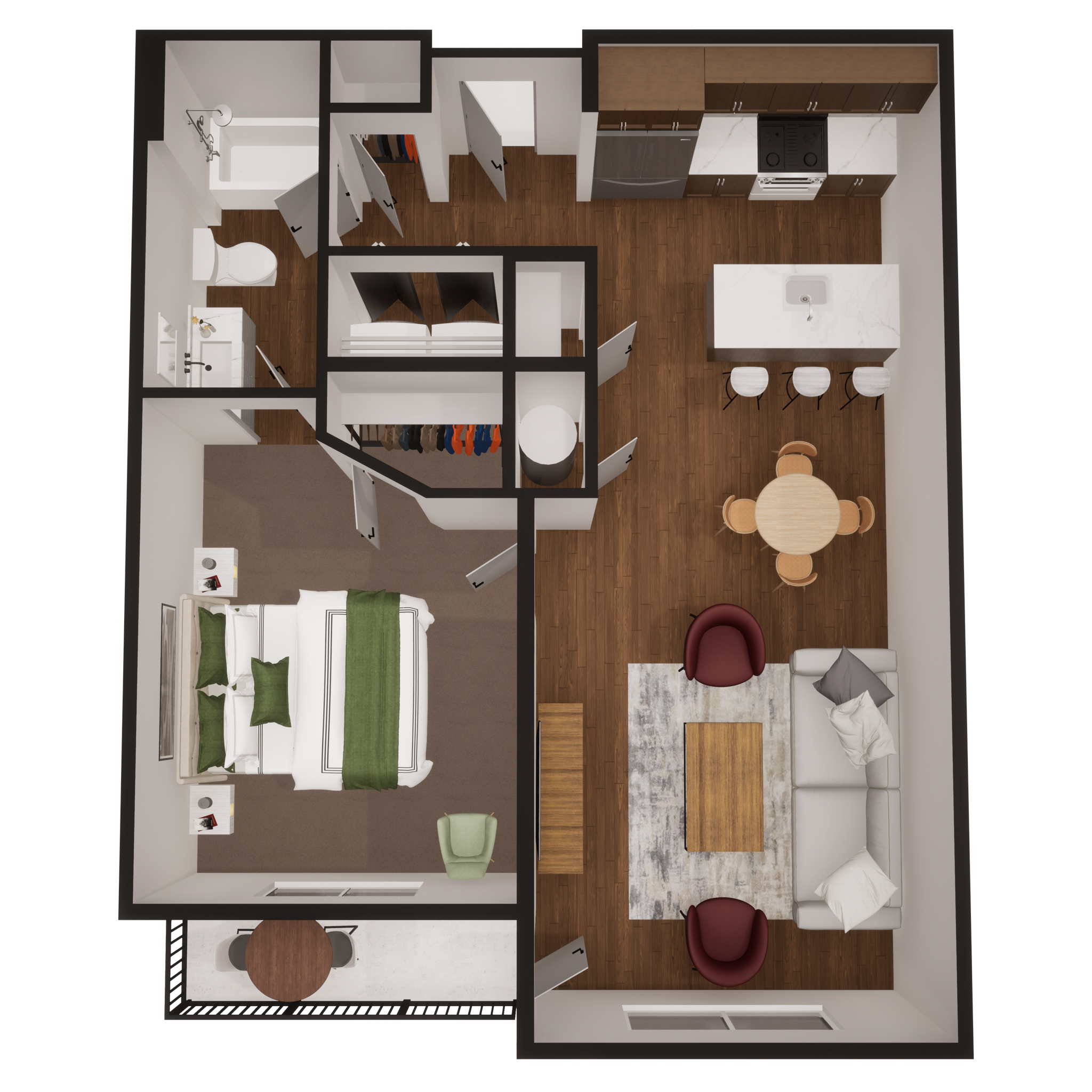 Rendering of the A2 floor plan with 1 bedroom[s] and 1 bathroom[s] at Summit Square