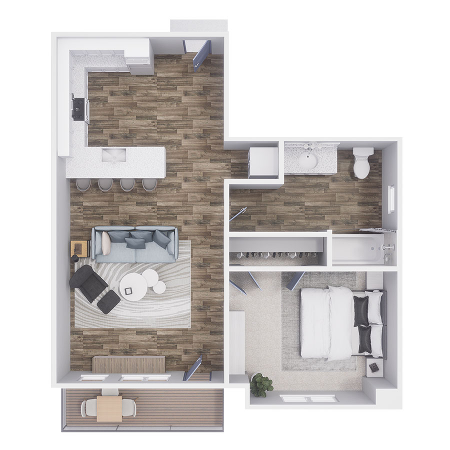 Rendering of the A2 floor plan with 1 bedroom[s] and 1 bathroom[s] at 532 CO