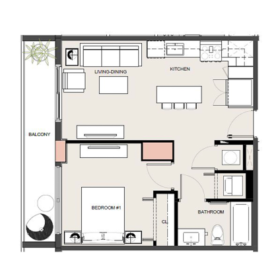 Rendering of the A6 floor plan with 1 bedroom[s] and 1 bathroom[s] at Arte Grand Central