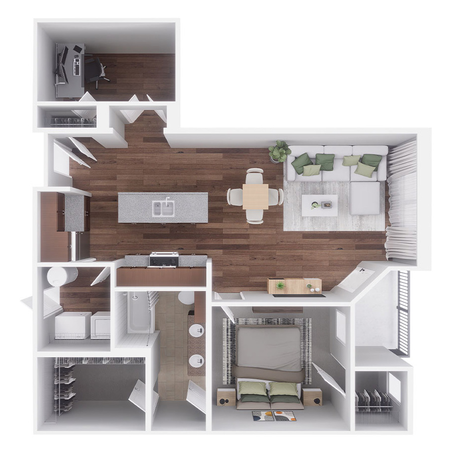 Rendering of the E - 1 Bed with Study floor plan with 1 bedroom[s] and 1 bathroom[s] at Village at Mission Farms