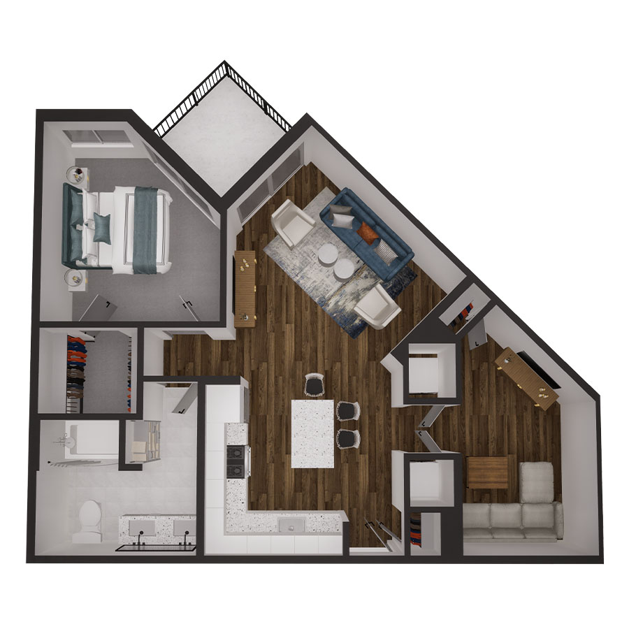 Rendering of the 1B floor plan with 1 bedroom[s] and 1 bathroom[s] at 500 Ocean